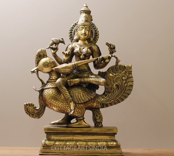 Brass Saraswati on Swan 20"