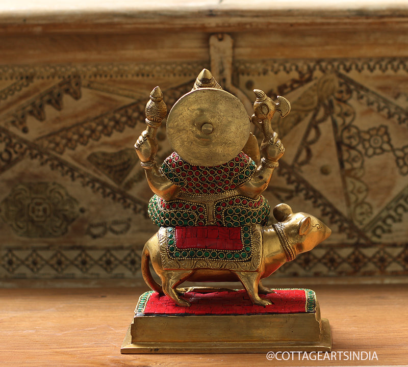 Brass Stonework Ganesh On Rat