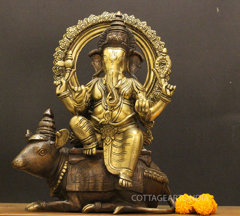 Brass Ganesha On Rat 16"