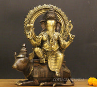 Brass Ganesha On Rat 16"