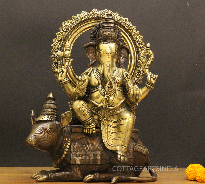 Brass Ganesha On Rat 16"