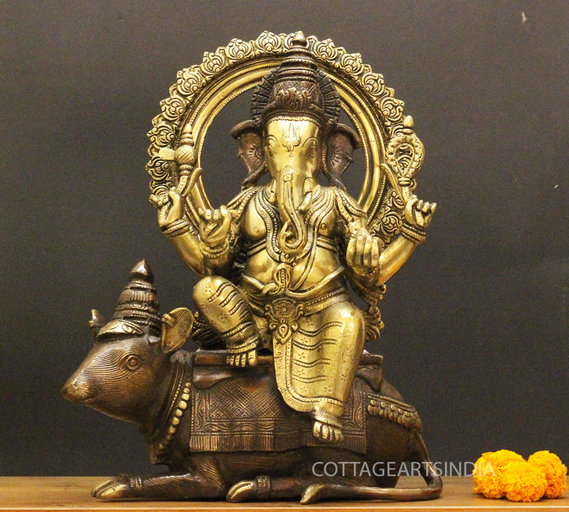 Brass Ganesha On Rat 16"