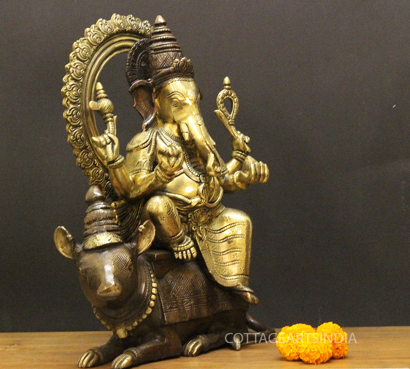 Brass Ganesha On Rat 16"