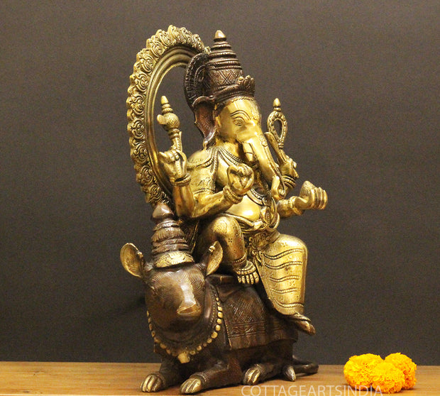 Brass Ganesha On Rat 16"