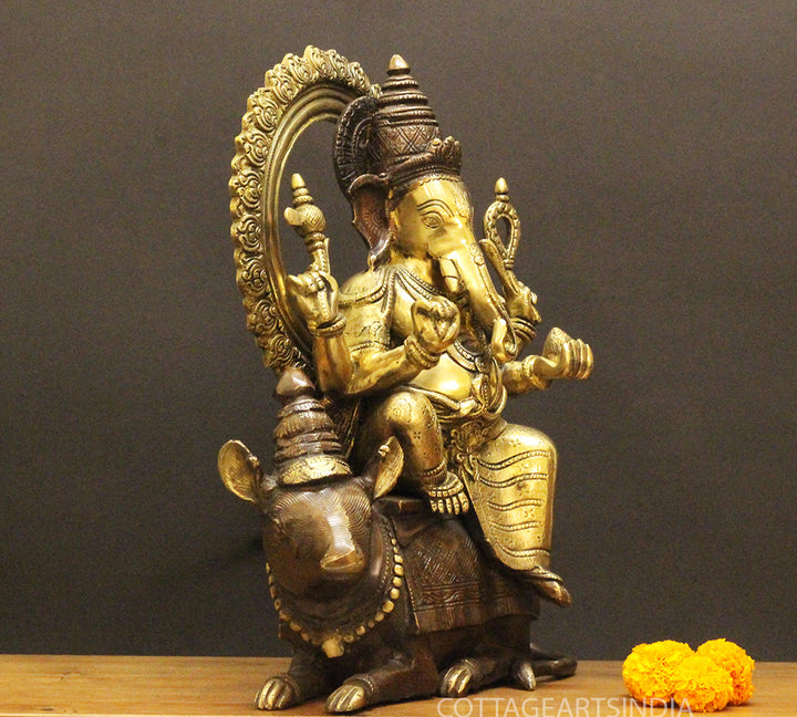 Brass Ganesha On Rat 16"