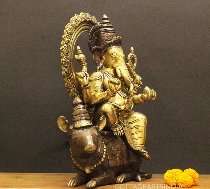 Brass Ganesha On Rat 16"