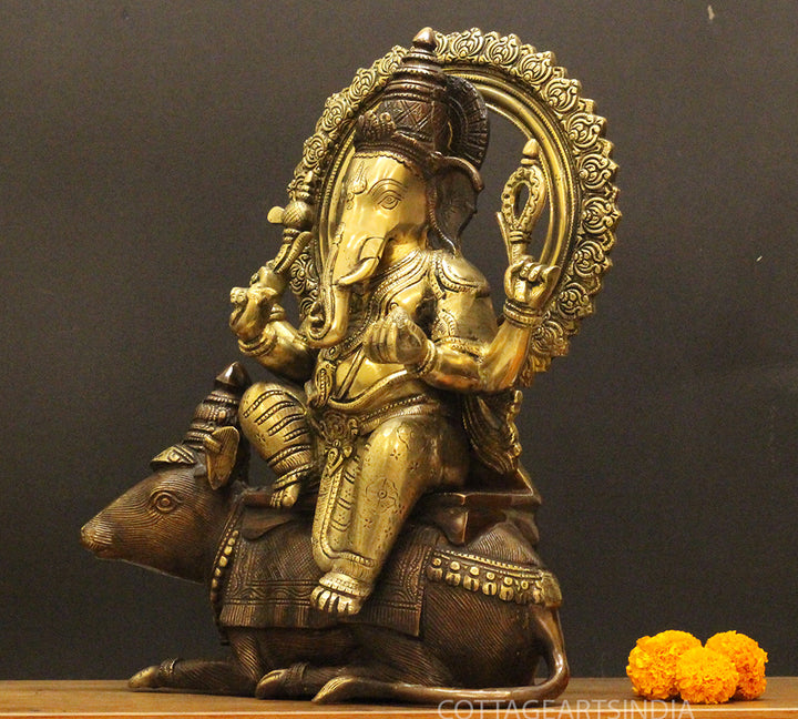 Brass Ganesha On Rat 16"