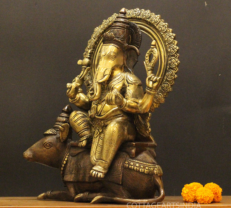 Brass Ganesha On Rat 16"