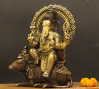 Brass Ganesha On Rat 16"