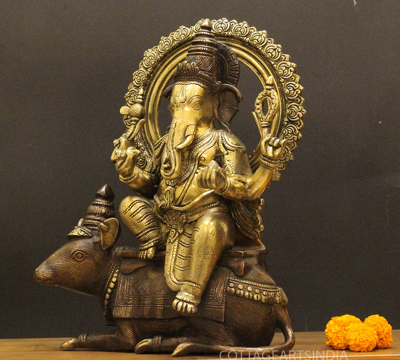Brass Ganesha On Rat 16"