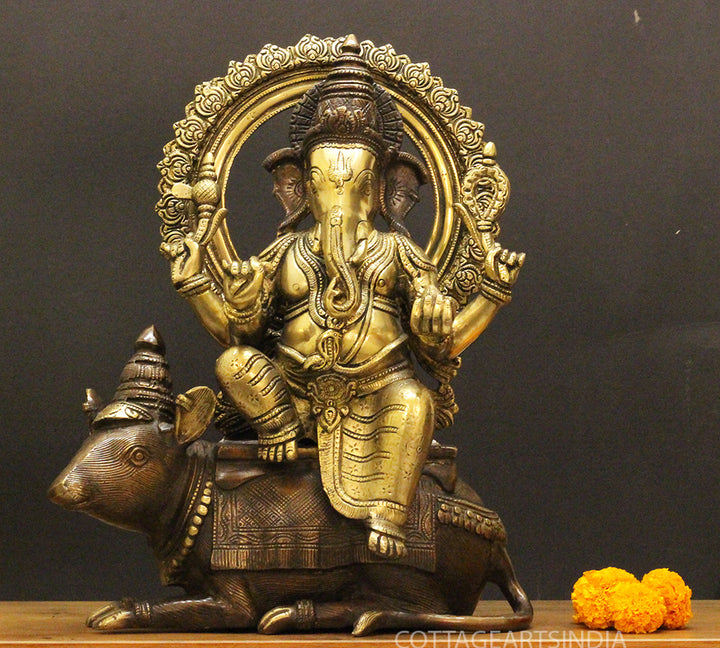 Brass Ganesha On Rat 16"