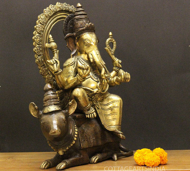 Brass Ganesha On Rat 16"
