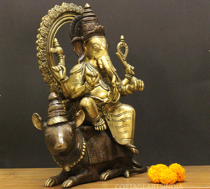 Brass Ganesha On Rat 16"