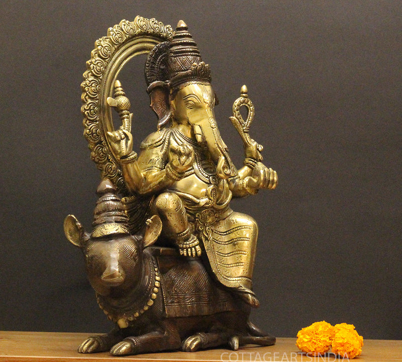 Brass Ganesha On Rat 16"