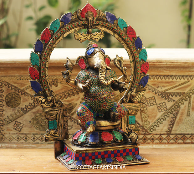 Brass Stonework Prabhawali Ganesh