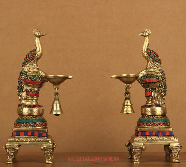 Brass Peacock Diya Stonework 11.5 "