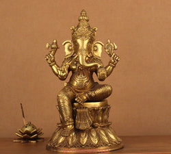 Brass Ganesh on Double Lotus Stand 15"