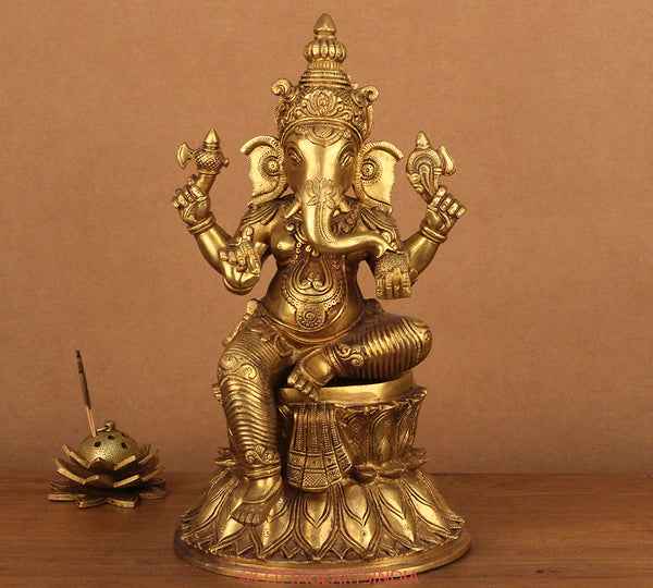 Brass Ganesh on Double Lotus Stand 15"