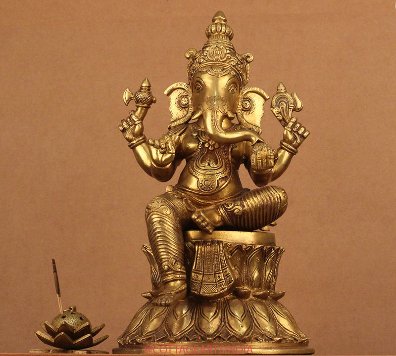 Brass Ganesh on Double Lotus Stand 15"