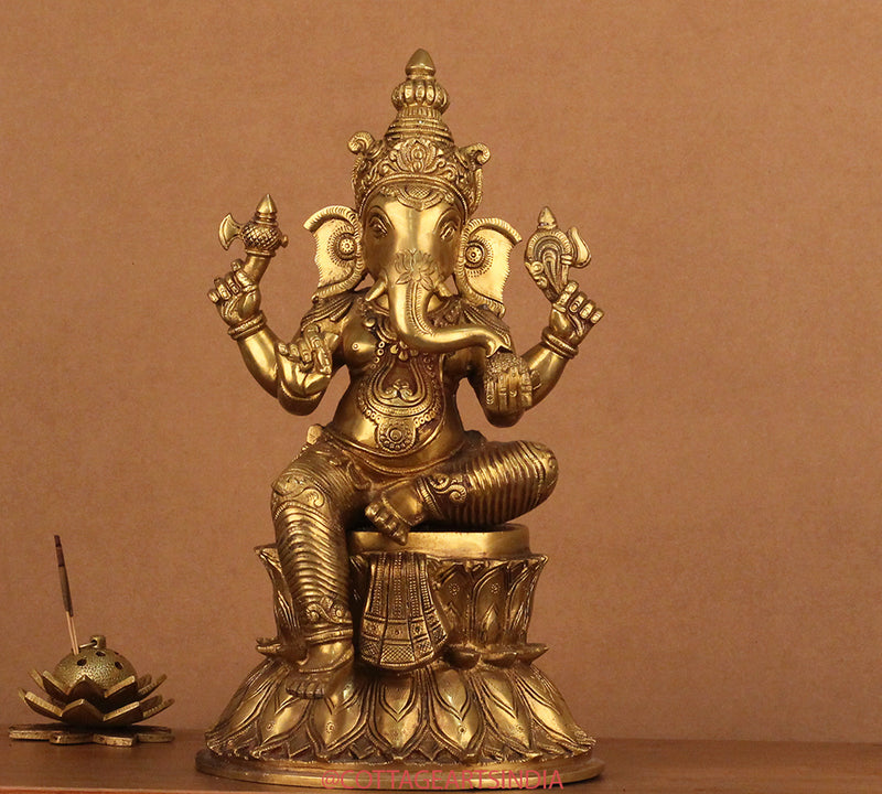 Brass Ganesh on Double Lotus Stand 15"