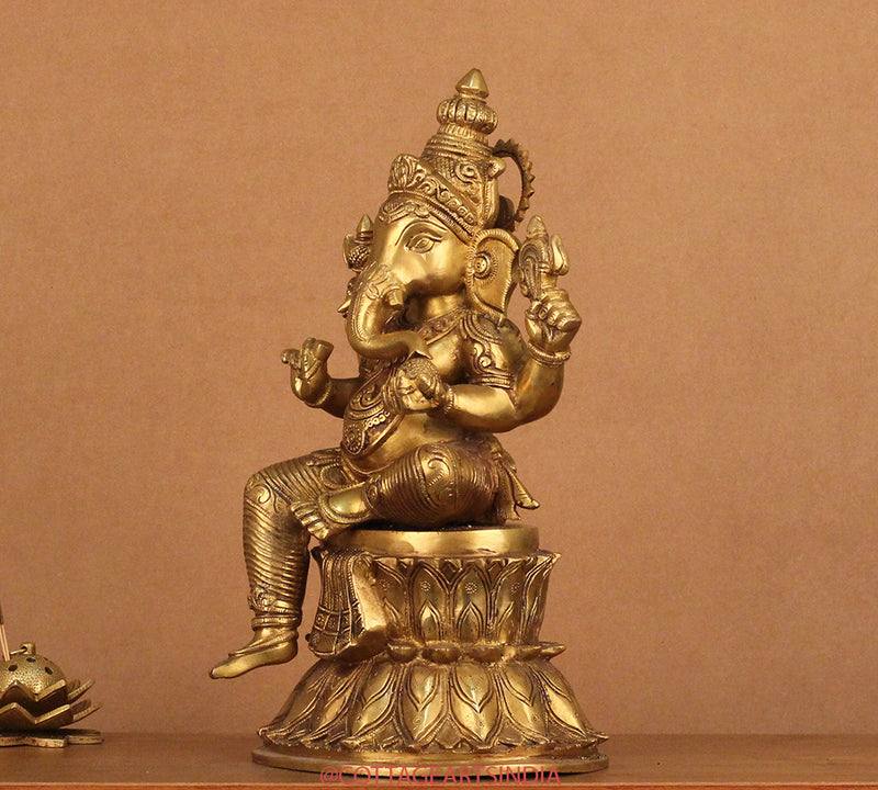 Brass Ganesh on Double Lotus Stand 15"