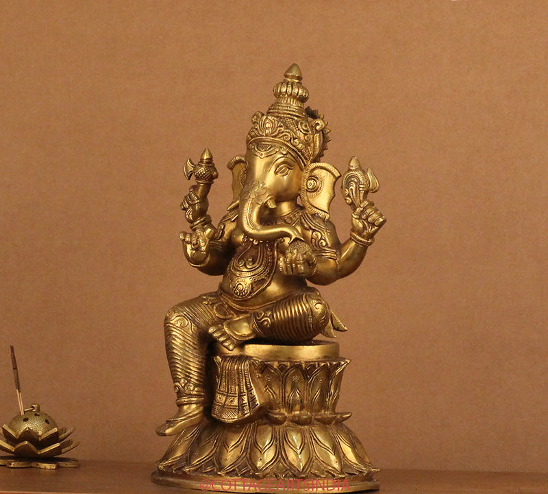 Brass Ganesh on Double Lotus Stand 15"