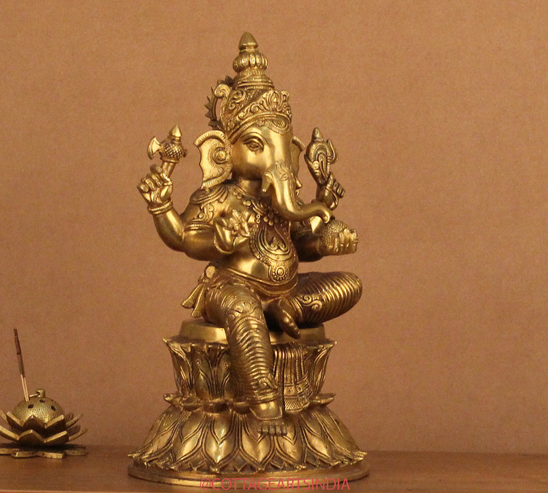 Brass Ganesh on Double Lotus Stand 15"