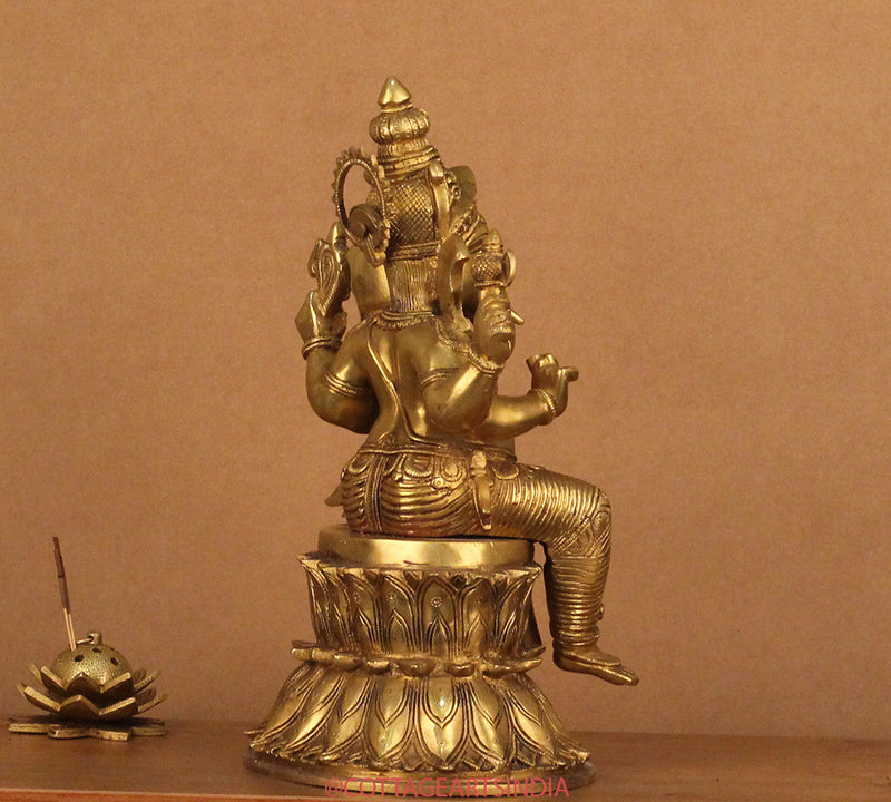 Brass Ganesh on Double Lotus Stand 15"