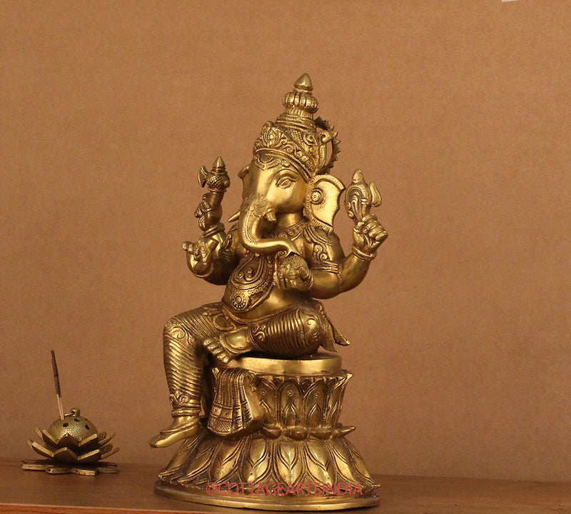Brass Ganesh on Double Lotus Stand 15"