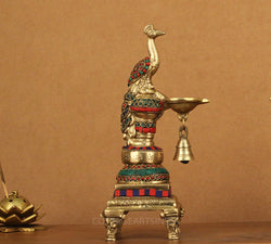 Brass Peacock Diya Stonework 11.5 "