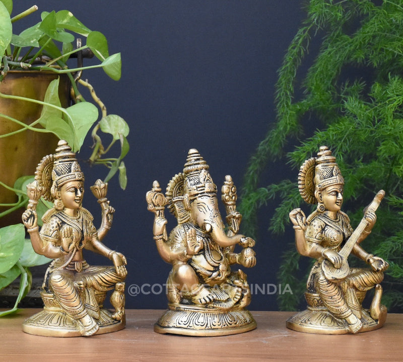 Brass Ganesha Laxmi Saraswati 6.5"