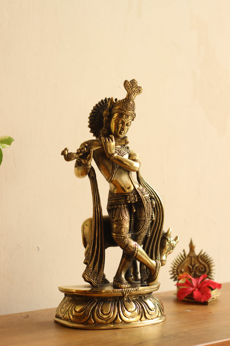 Brass Cow n Krishna 14"