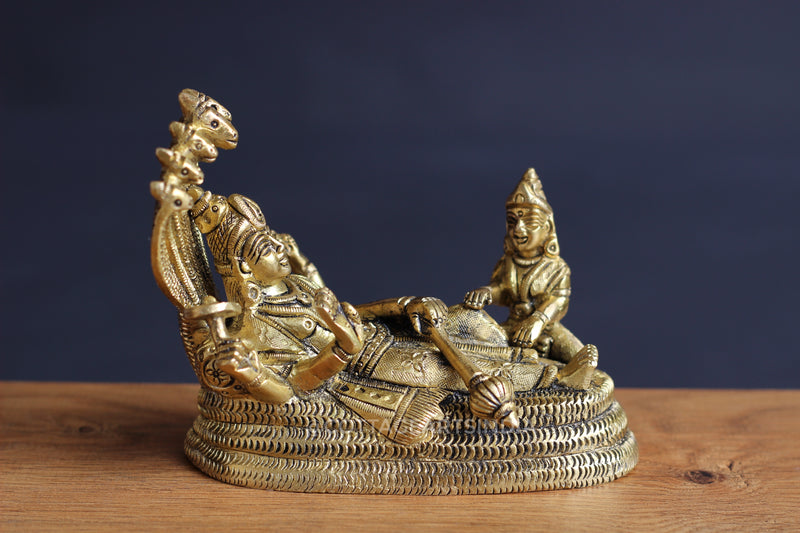 Brass Vishnu Narayan resting on Sheshnaag with Laxmi