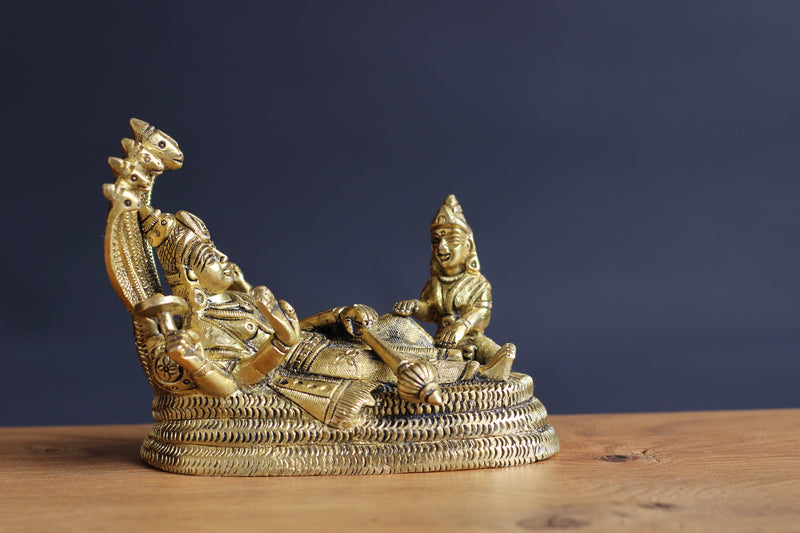 Brass Vishnu Narayan resting on Sheshnaag with Laxmi