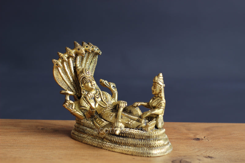 Brass Vishnu Narayan resting on Sheshnaag with Laxmi