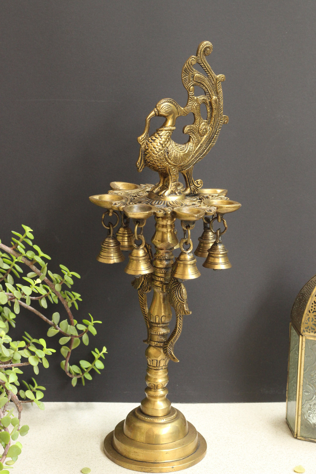 Brass Oil Diya Peacock with Brass 7 Bells