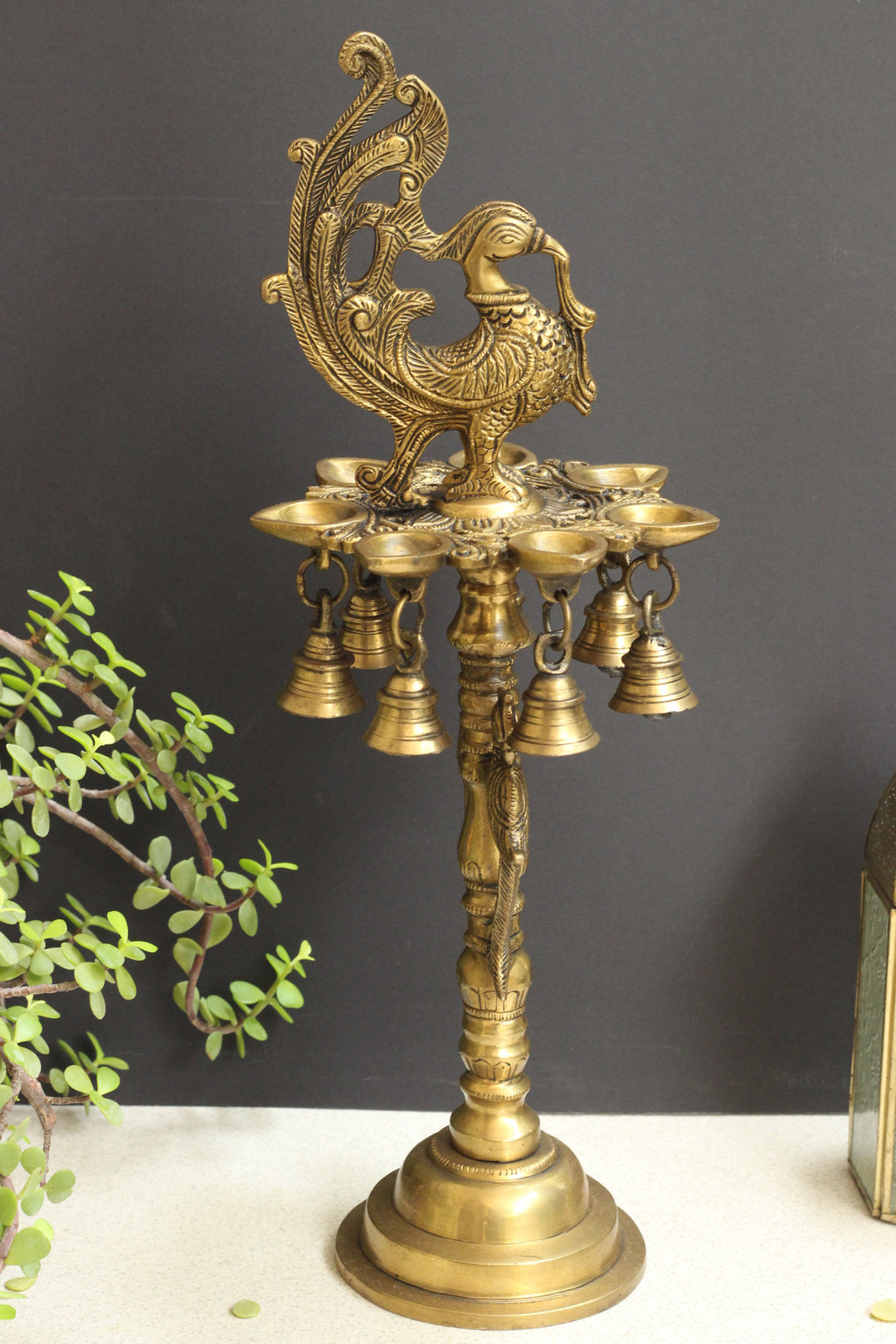 Brass Oil Diya Peacock with Brass 7 Bells