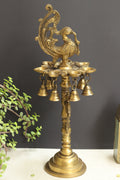Brass Oil Diya Peacock with Brass 7 Bells