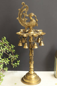 Brass Oil Diya Peacock with Brass 7 Bells