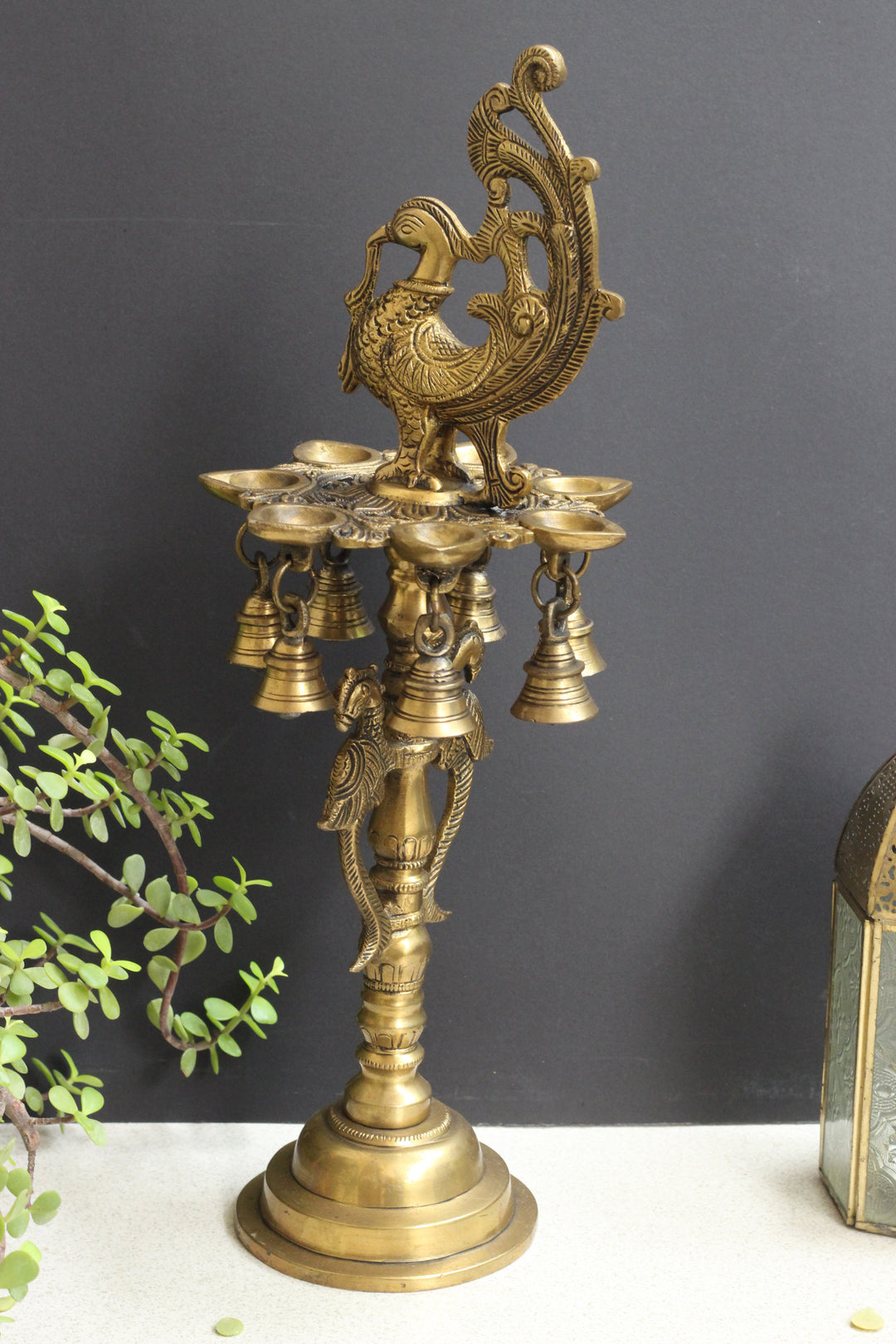 Brass Oil Diya Peacock with Brass 7 Bells