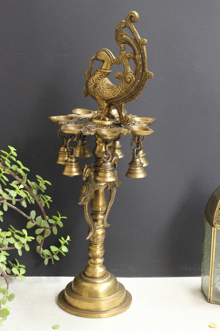 Brass Oil Diya Peacock with Brass 7 Bells