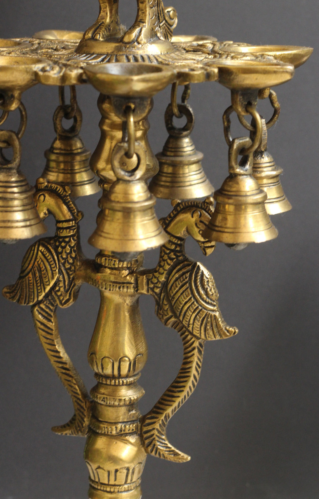 Brass Oil Diya Peacock with Brass 7 Bells
