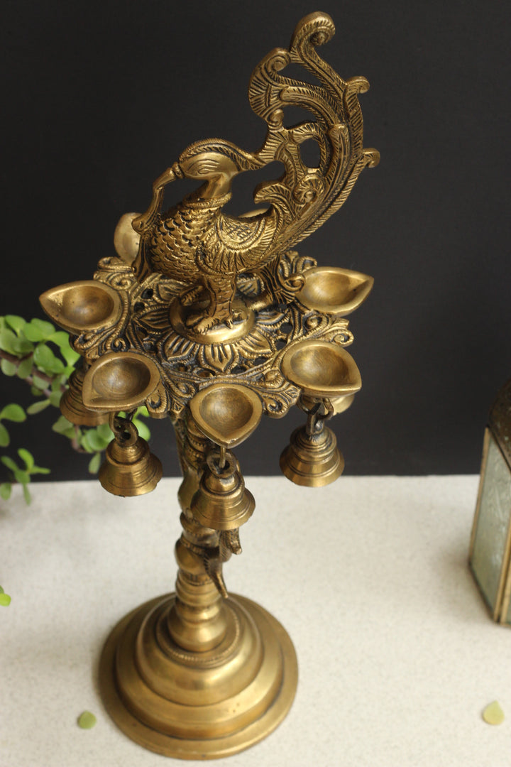 Brass Oil Diya Peacock with Brass 7 Bells