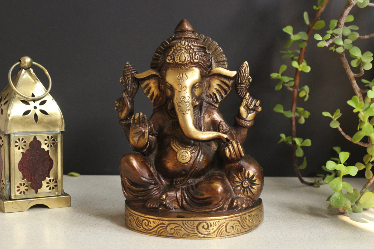 Brass Sitting Ganesha Statue | Handcrafted Lord Ganesh Idol in Antique Finish