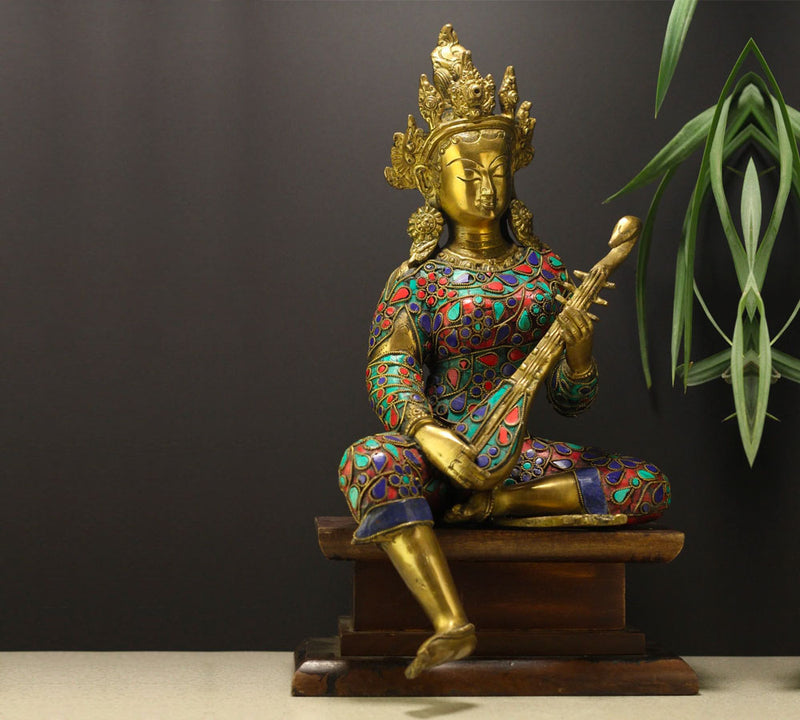 Brass Saraswati Filigiri Stonework