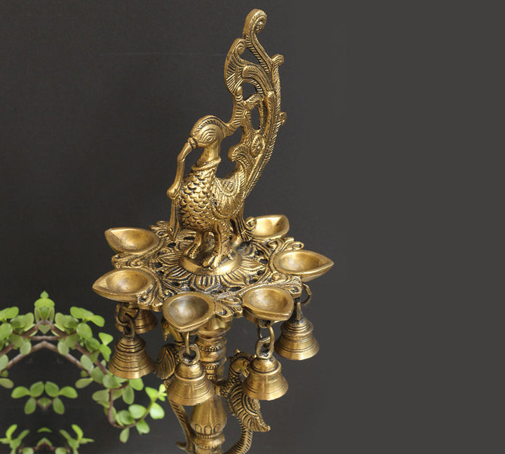 Brass Oil Diya Peacock with Brass 7 Bells