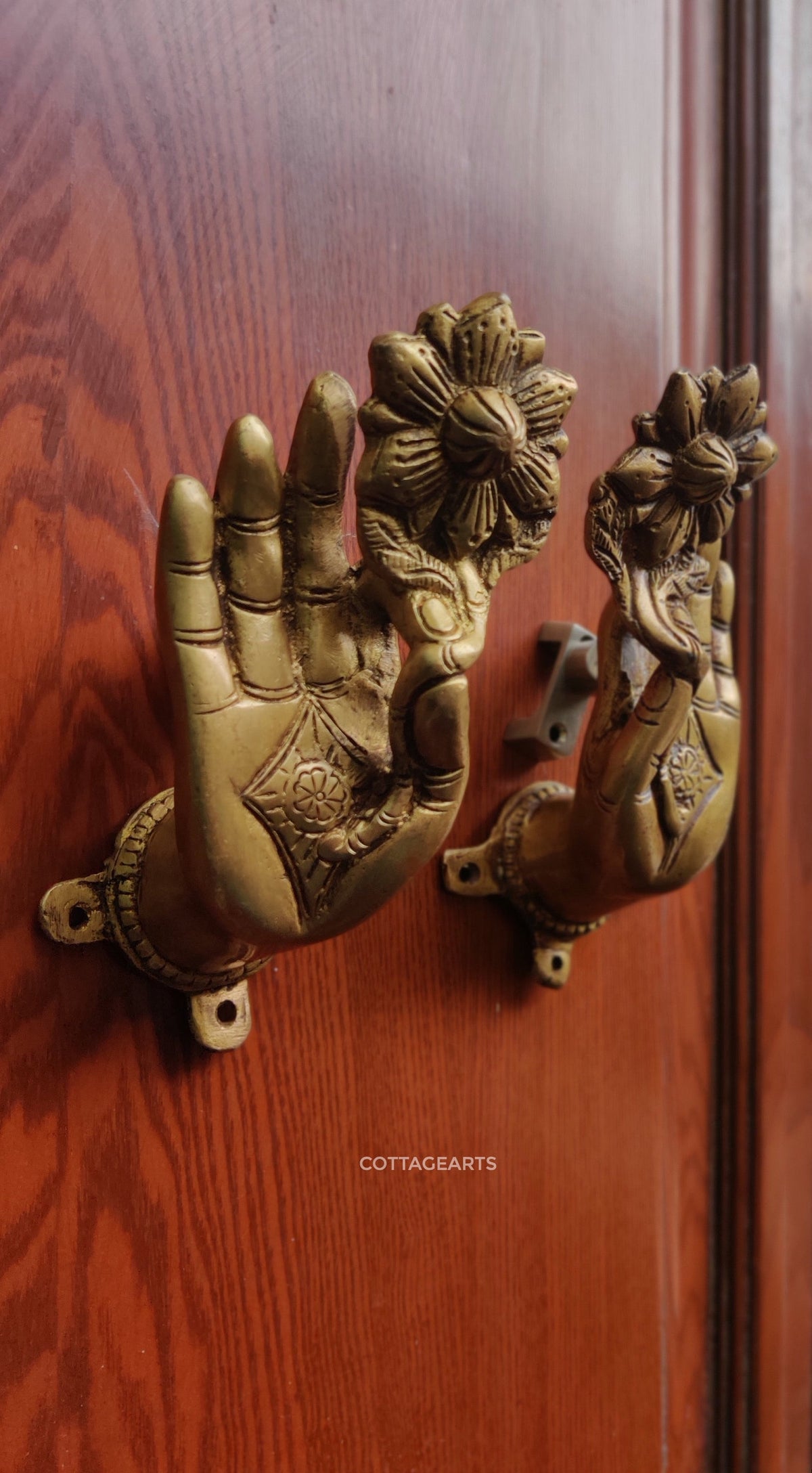 Brass Buddha Hand With Flower Door Handle