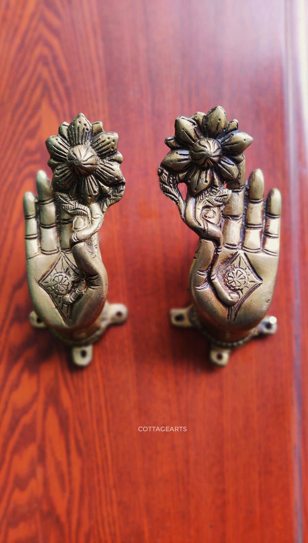 Brass Buddha Hand With Flower Door Handle