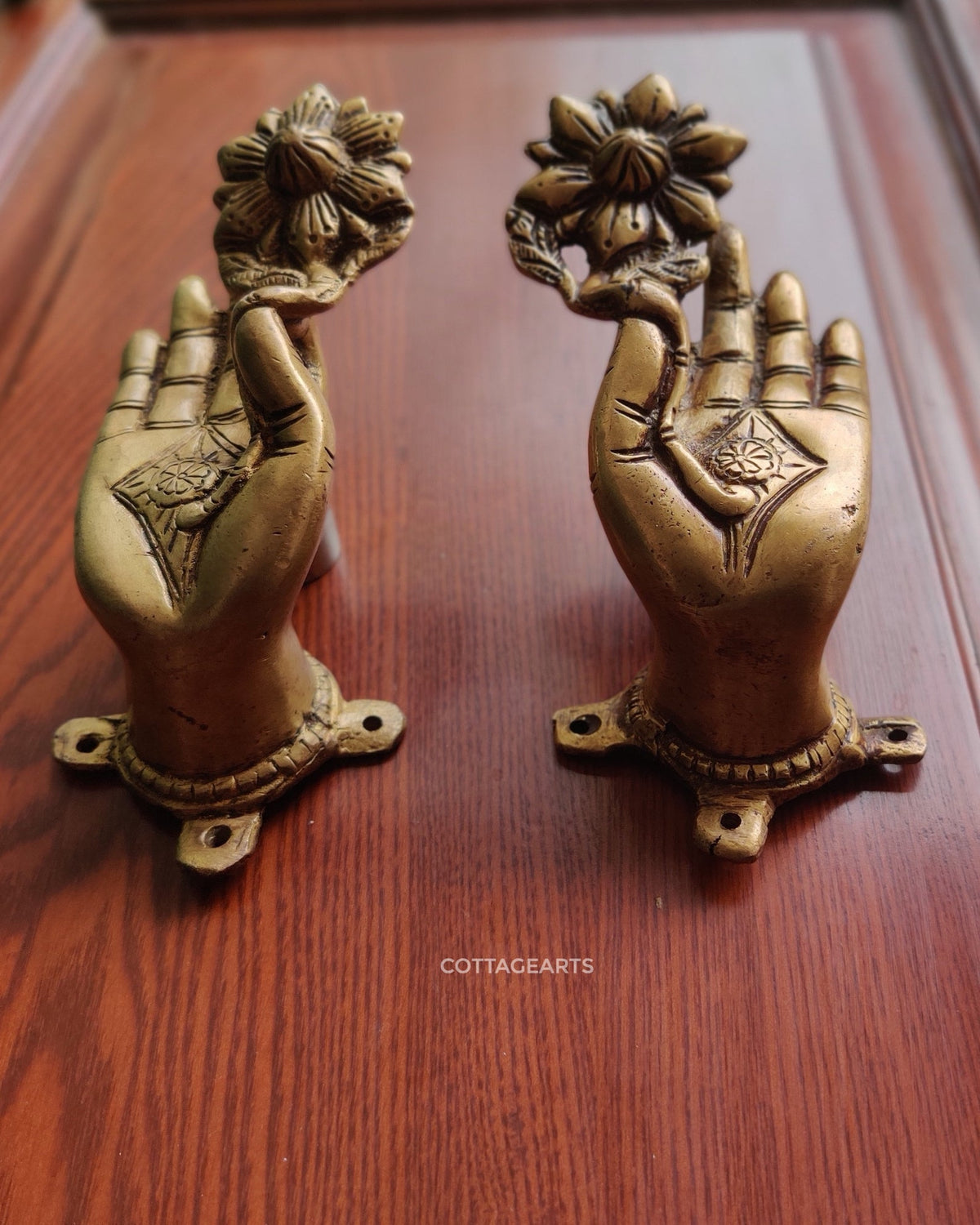 Brass Buddha Hand With Flower Door Handle