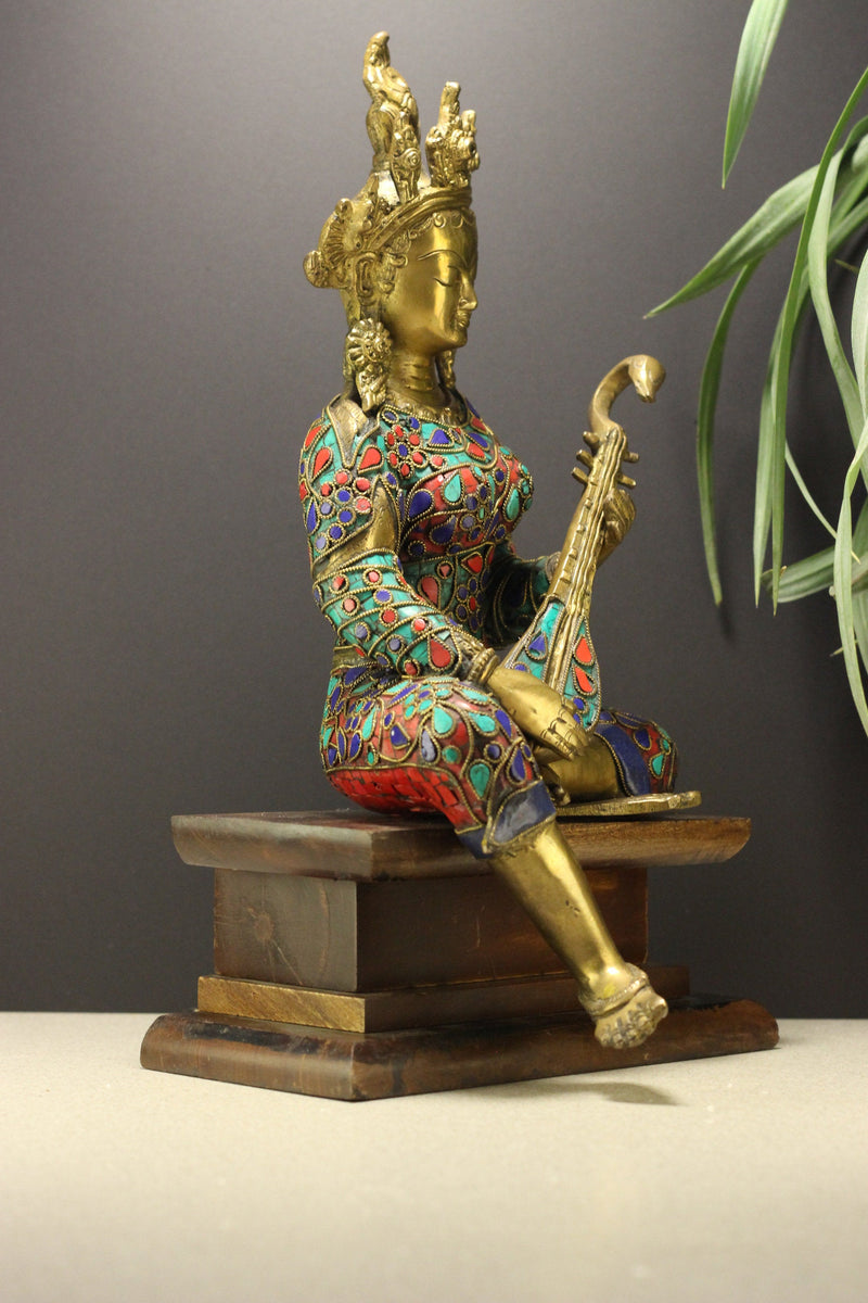 Brass Saraswati Filigiri Stonework